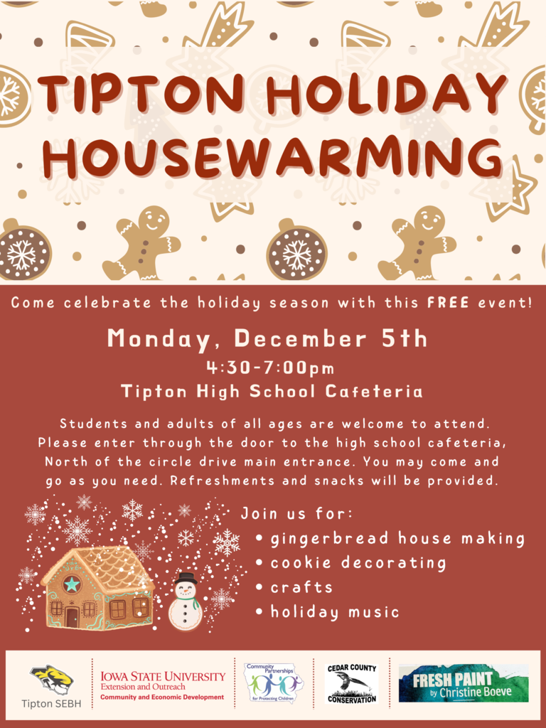 The SEBH Team invites you to our FREE Holiday Housewarming Event on Monday, December 5th from 4:30-7pm in the High School Cafeteria and Media Center! Students and adults of all ages can enjoy gingerbread house making, cookie decorating, ornament painting, and fun holiday crafts!