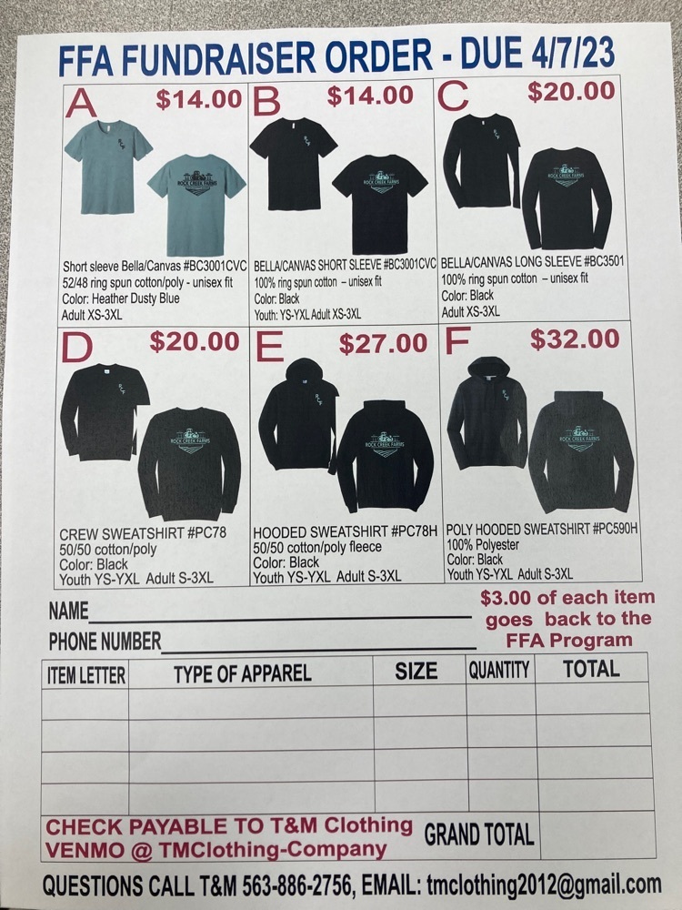 Rock Creek Farm is selling apparel! If interested contact T&M, due date is 4/7/23